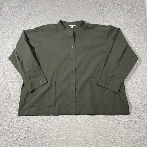 Eileen Fisher Sz 2X Green Organic Cotton Mandarin Collar Shirt Gauze Lightweight - Picture 1 of 9